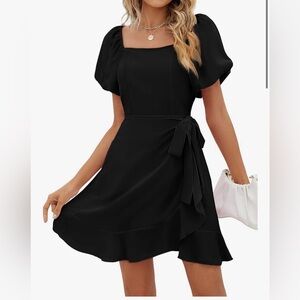 Sampeel Summer Square Neck Puff Sleeve Tie Waist Short Dress